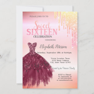 Invitation Robe bordeaux Adorable  Glitter Drips, douce 16 an