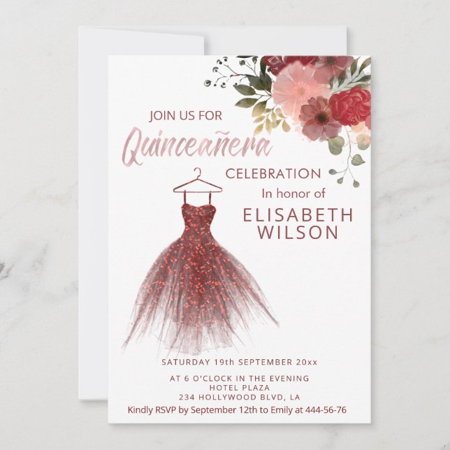 Invitation Robe bordeaux florale glittery Quinceañera (Devant)