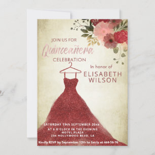 Invitation Robe bordeaux florale glittery Quinceañera Invita
