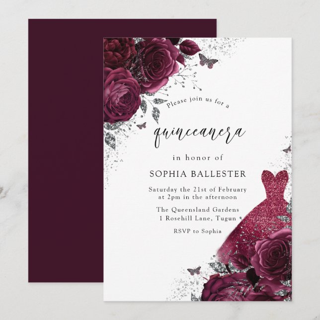 Invitation Robe Bourgogne & Argent & Roses floraux Quinceaner (Devant / Derrière)
