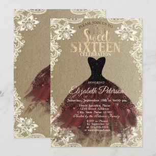 Invitation Robe Bourgogne,Couronne,Dentelle Kraft Douce 16 Fê