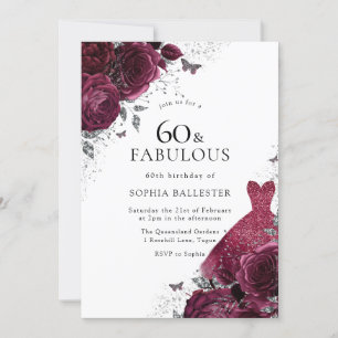 Invitation Robe Bourgogne et argent Roses floraux 60e anniver