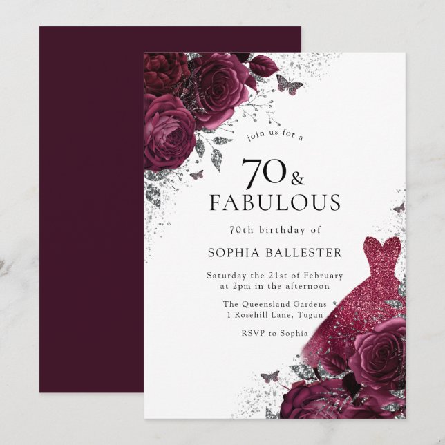 Invitation Robe Bourgogne et argent Roses floraux 70e anniver (Devant / Derrière)