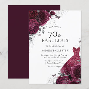 Invitation Robe Bourgogne et argent Roses floraux 70e anniver