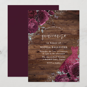 Invitation Robe Bourgogne & Floral Rose Rustic Quinceanera