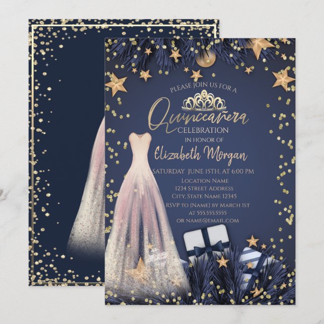 Invitation Robe, Branches, Diamants Marine Bleu Quinceañera (Devant / Derrière)