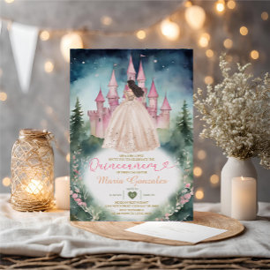 Invitation Robe Champagne Forêt Château rose 15 Quinceañera