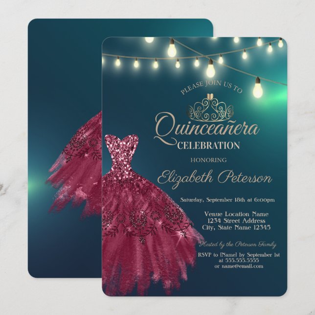 Invitation Robe Chic Bourgogne, Tiara Green Quinceañera (Devant / Derrière)