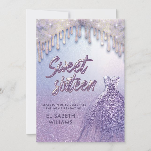 Invitation Robe chic fille goutte lilas violet glittery (Devant)