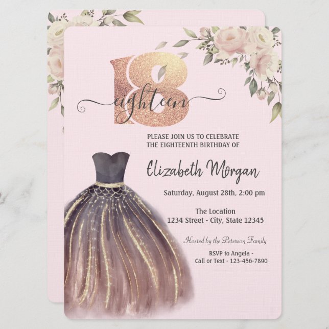 Invitation Robe Chic Fleurs roses 18e anniversaire (Devant / Derrière)