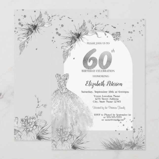 Invitation Robe chic gris hiver 60e anniversaire (Devant / Derrière)