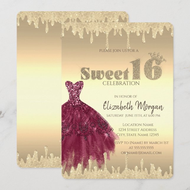 Invitation Robe Chic, Parties scintillant Drips Gold Sweet 16 (Devant / Derrière)