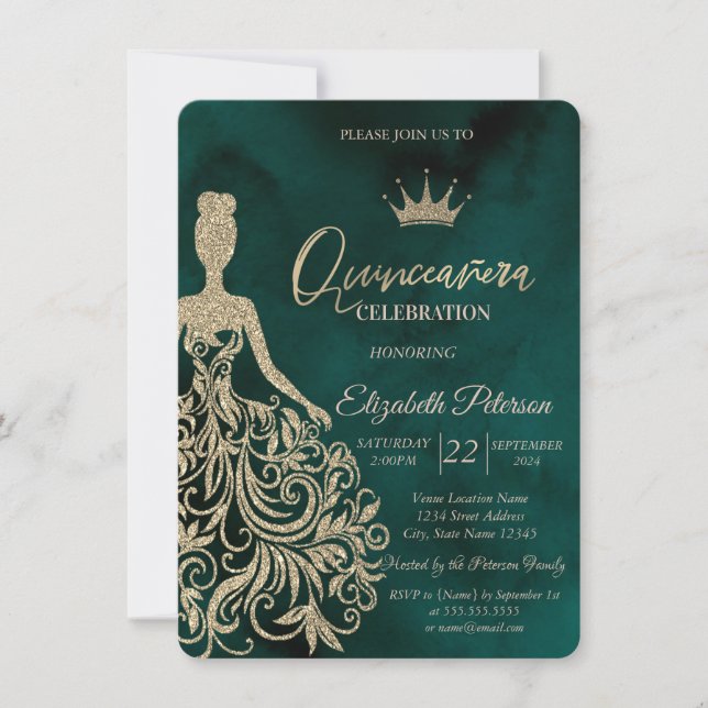 Invitation Robe Chic Parties scintillant or, Diamants Vert Sw (Devant)