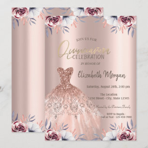 Invitation Robe chic rose gold florale Quinceañera