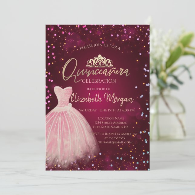 Invitation Robe Chic Tiara, Diamonds Bourgogne Quinceañera (Debout devant)