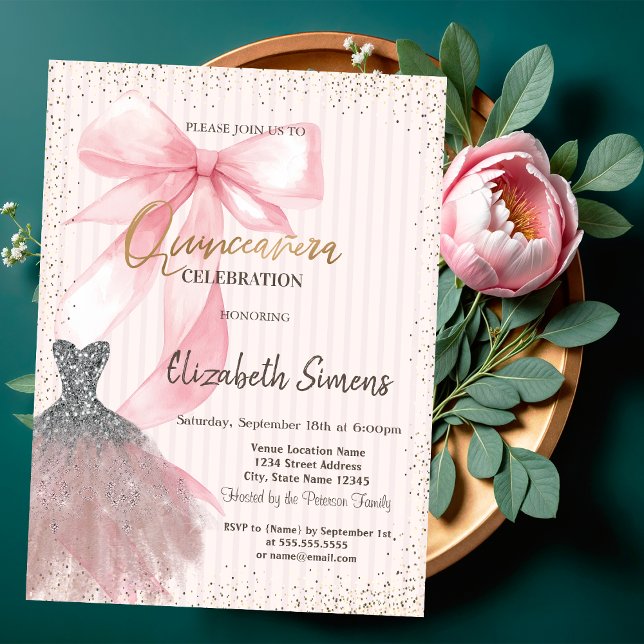 Invitation Robe Confetti,Nœud Rose Rayée  (Créateur téléchargé)