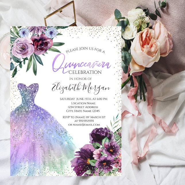 Invitation Robe cool, Confetti Fleurs Violet Quinceañera (Créateur téléchargé)