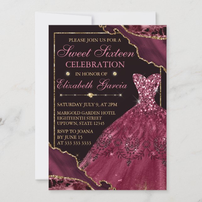 Invitation Robe d'aquarelle bordeaux & Agate Sweet 16 (Devant)