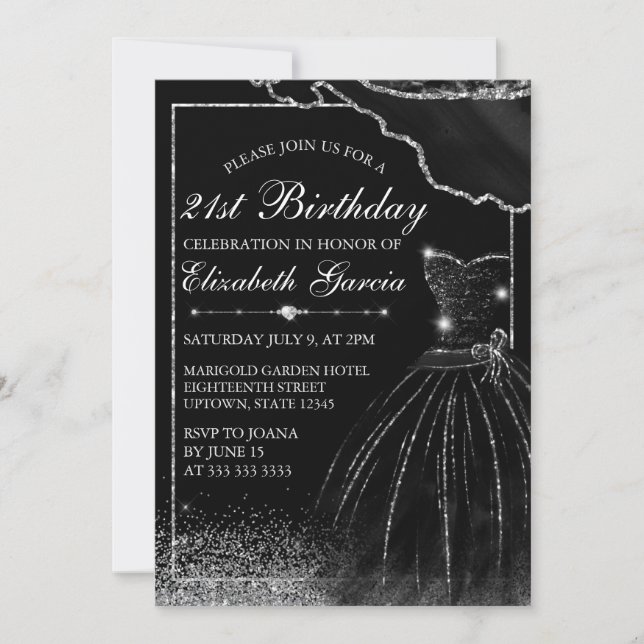 Invitation Robe d'aquarelle noire et bordure de glam 21e anni (Devant)