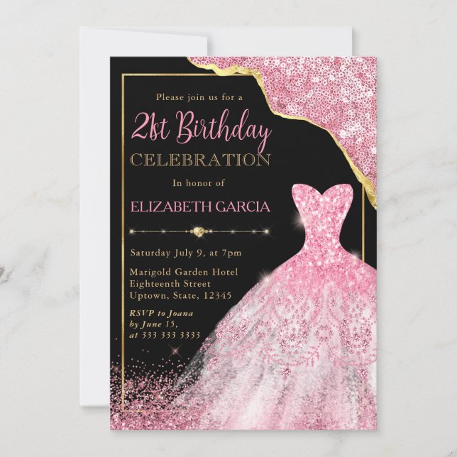 Invitation Robe d'aquarelle rose et bordure de glam 21e anniv (Devant)