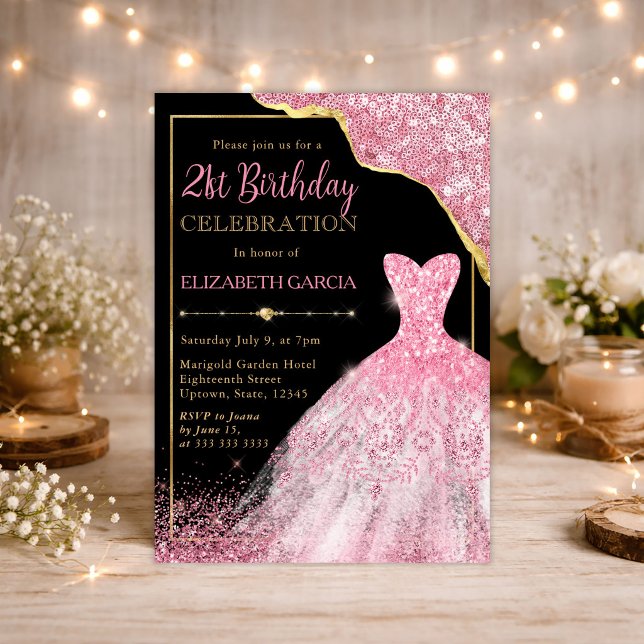 Invitation Robe d'aquarelle rose et bordure de glam 21e anniv (Créateur téléchargé)