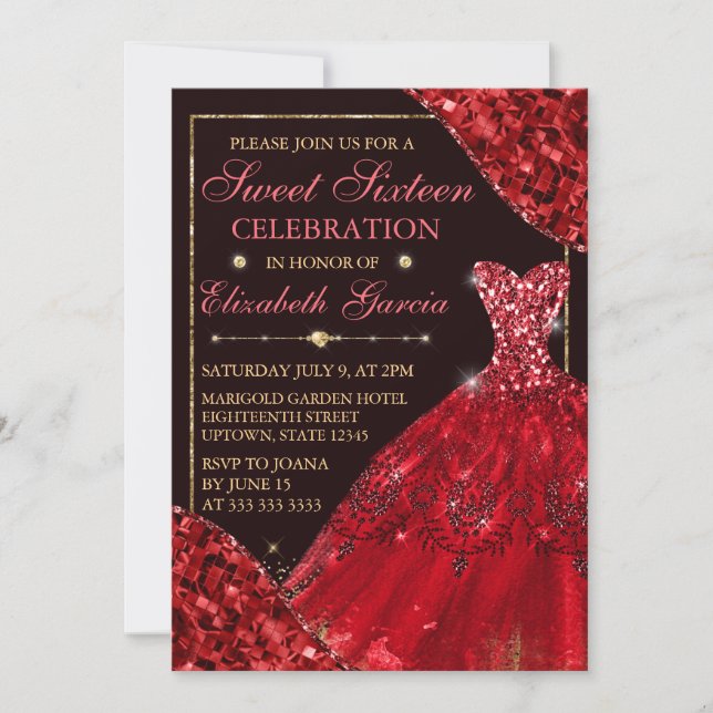 Invitation Robe d'aquarelle rouge et Sweet sixteen d'arêtes d (Devant)