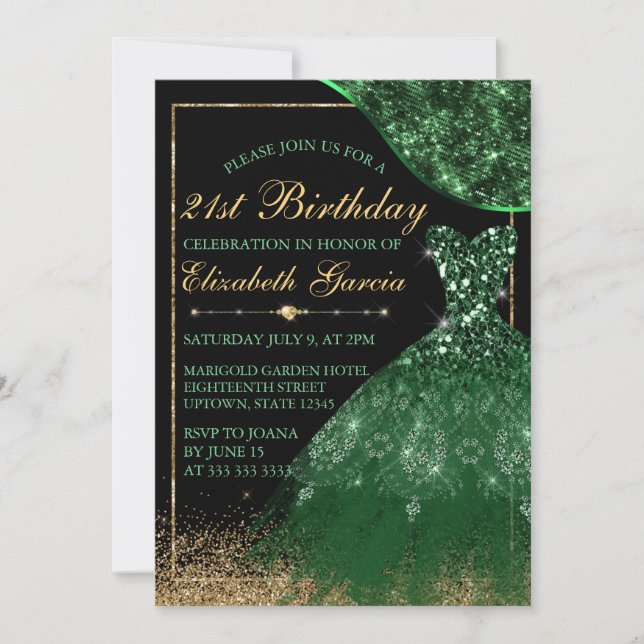 Invitation Robe d'aquarelle vert foncé 21e anniversaire (Devant)