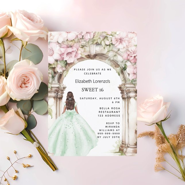 Invitation Robe d'arc rose vert floraux Sweet 16 (Créateur téléchargé)