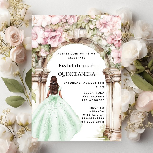 Invitation Robe d'arche de fleurs roses vertes Quinceanera (Créateur téléchargé)