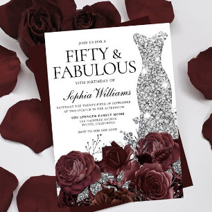 Invitation Robe d'argent Bourgogne Roses 50e fête d'anniversa