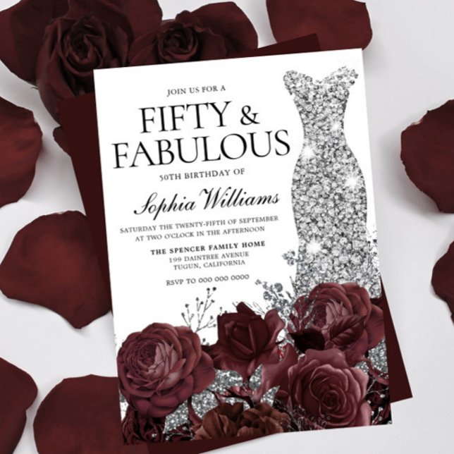 Invitation Robe d'argent Bourgogne Roses 50e fête d'anniversa (Créateur téléchargé)