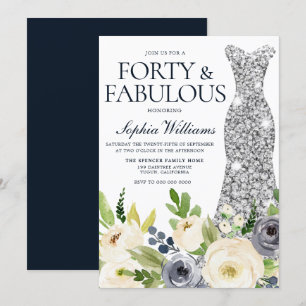 Invitation Robe d'argent florale marine et blanche 40e annive