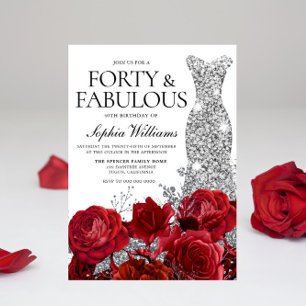 Invitation Robe d'argent Gown Roses rouges 40e fête d'anniver