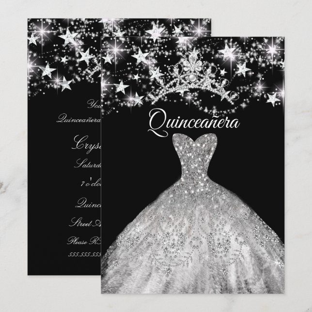 Invitation Robe d'argent noir Étincelle Tiara Étoiles Quincea (Devant / Derrière)