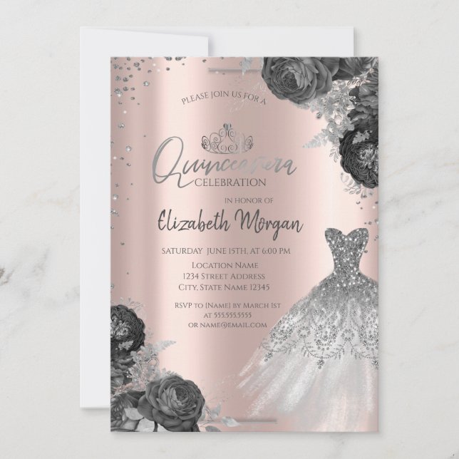 Invitation Robe d'argent Roses Diamants Rose or Quinceañera (Devant)