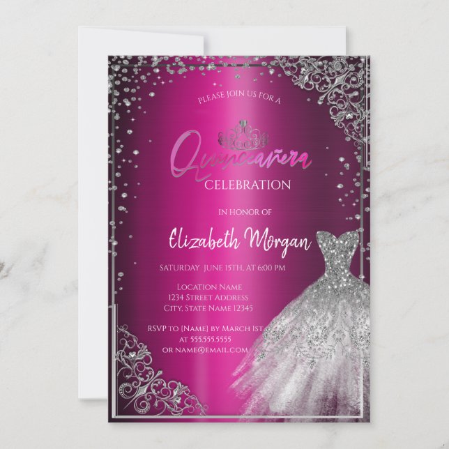 Invitation Robe d'argent Tiara, Diamonds Violet Quinceañera (Devant)
