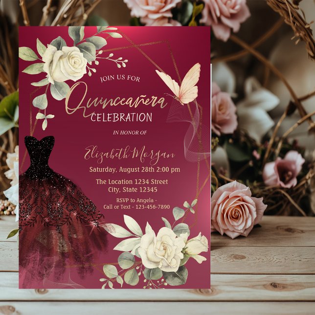 Invitation Robe de Bourgogne Roses Papillons Quinceañera (Créateur téléchargé)