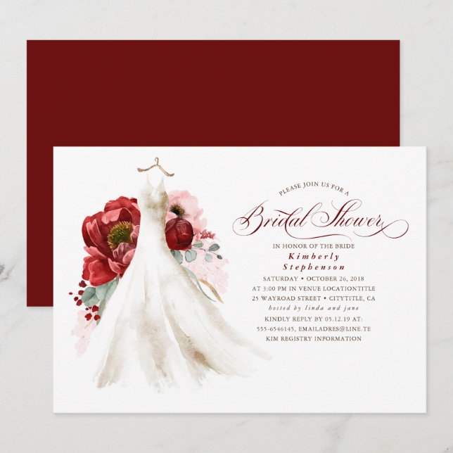 Invitation Robe de Bourgogne rouge et rose Floral Fête des ma (Devant / Derrière)