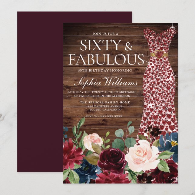 Invitation Robe de Coeur Bourgogne Rustique Floral 60e annive (Devant / Derrière)