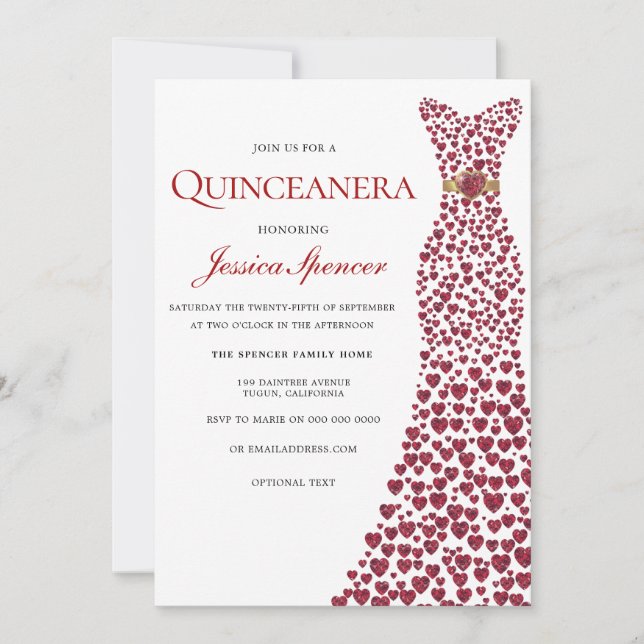 Invitation Robe de Coeur Romantique Rouge Amour Quinceanera I (Devant)