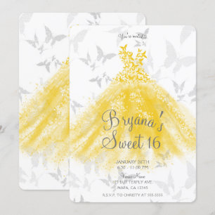 Invitation Robe de danse papillon jaune argenté fête Sweet 16