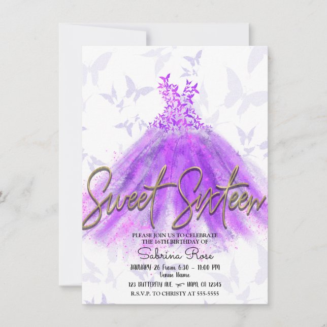 Invitation Robe de danse papillon rose et violet Doux 16 Part (Devant)