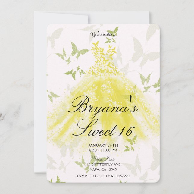 Invitation Robe de Danse Papillon Vert Jaune Doux 16 Partie (Devant)
