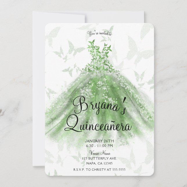 Invitation Robe de danse papillon vert pour fête de Quinceañe (Devant)