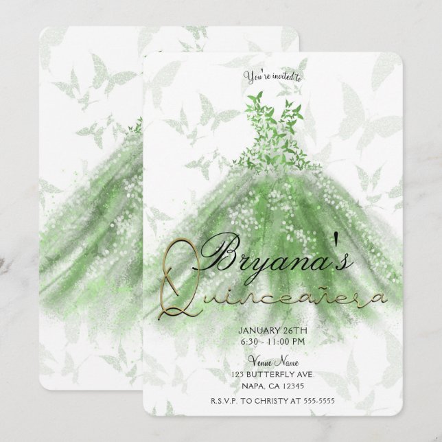 Invitation Robe de Danse Papillon Vert Quinceañera (Devant / Derrière)