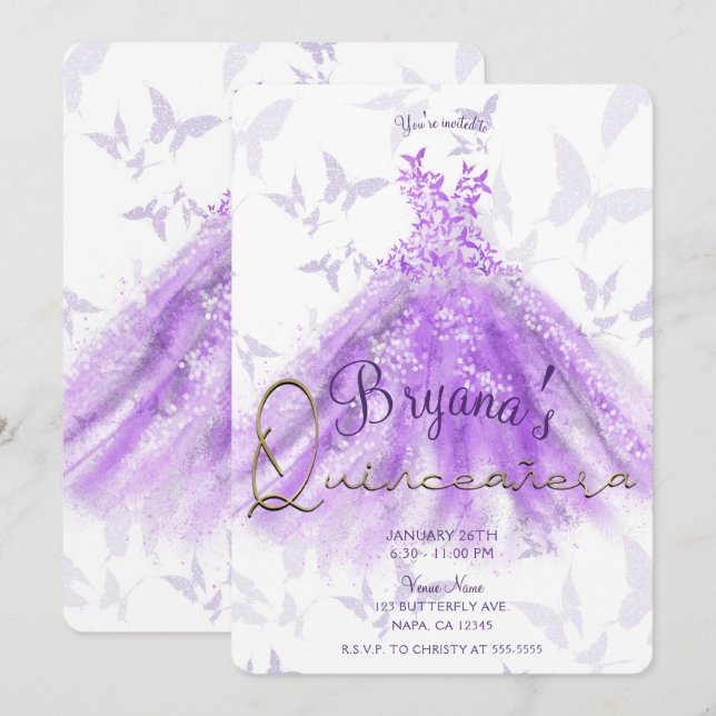 Invitation Robe de danse papillon violet Quinceañera (Devant / Derrière)