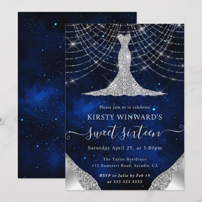 Invitation Robe de diamant & Bokeh String Lights Sweet 16 (Devant / Derrière)