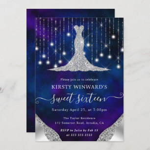 Invitation Robe de diamant & Bokeh String Lights Sweet 16
