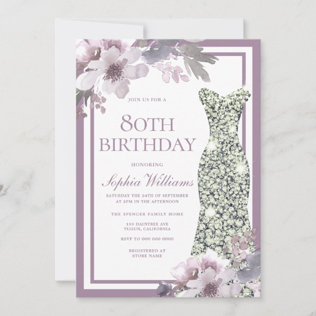 Invitation Robe de Diamant d'Argent Floral Violet 80e anniver (Devant)