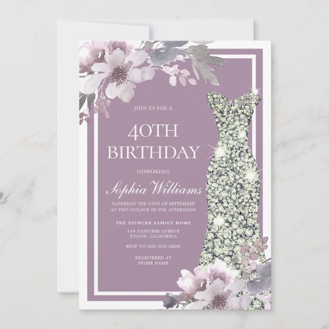 Invitation Robe de Diamant Floral Violet femmes 40e anniversa (Devant)